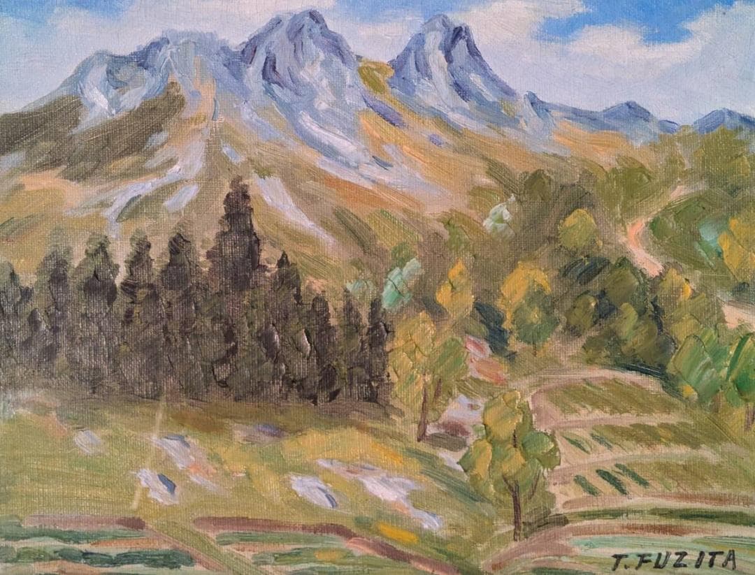 【真作】絵画　藤田東光　油彩3号　西上州鹿岳　山岳風景　静かな風景　X135