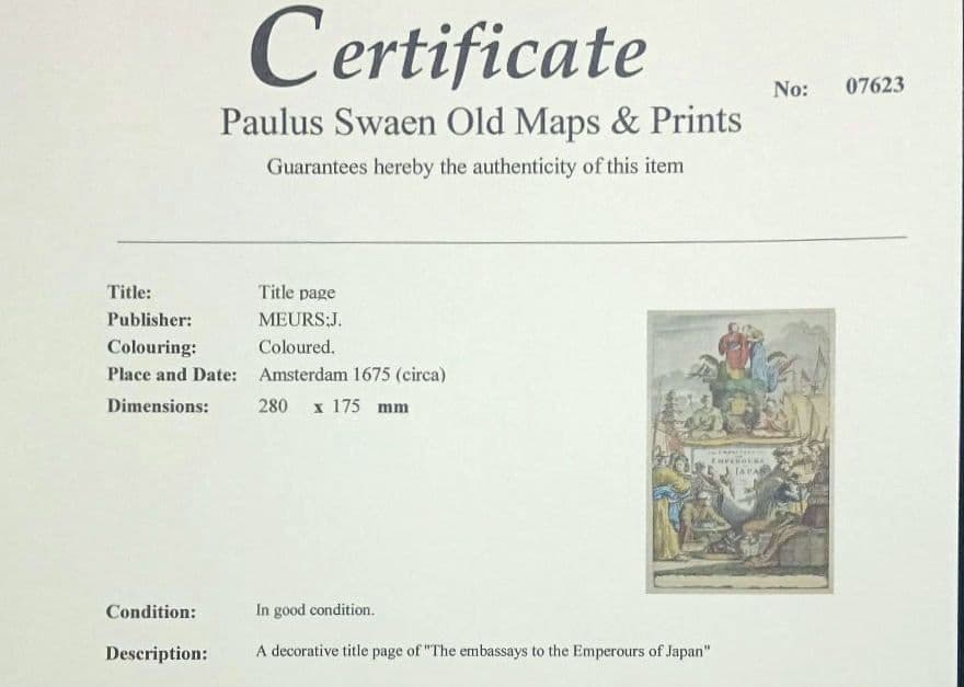 西洋古地図　1675年　A.モンタナウス　「日本誌」タイトルページ　扉絵　稀少