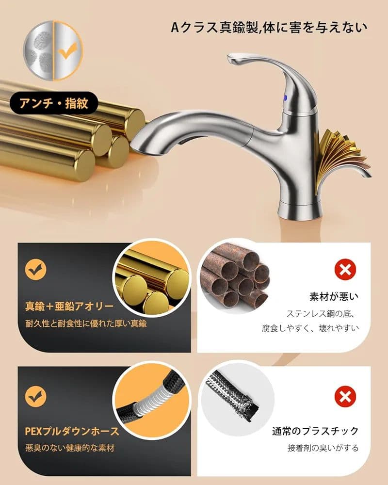 ✨残り1点✨APPASO ブラッシュドニッケルキッチン水栓 洗面台蛇口 混合