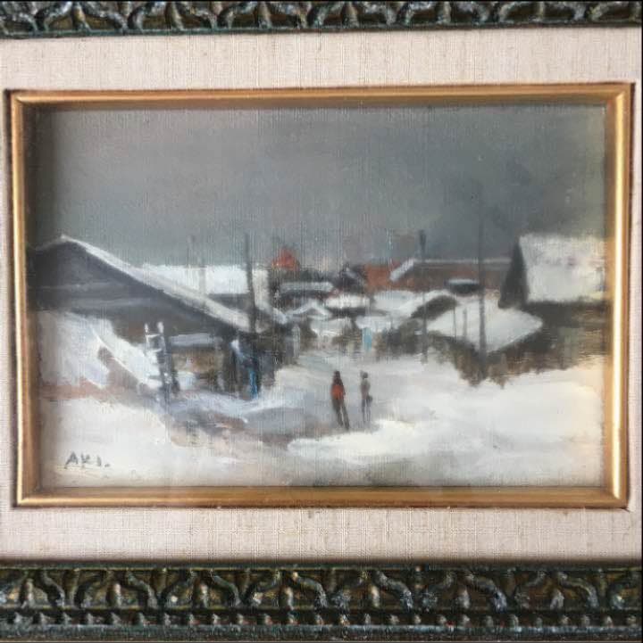 油絵　絵画　絵　 雪国の街　小松明　１号