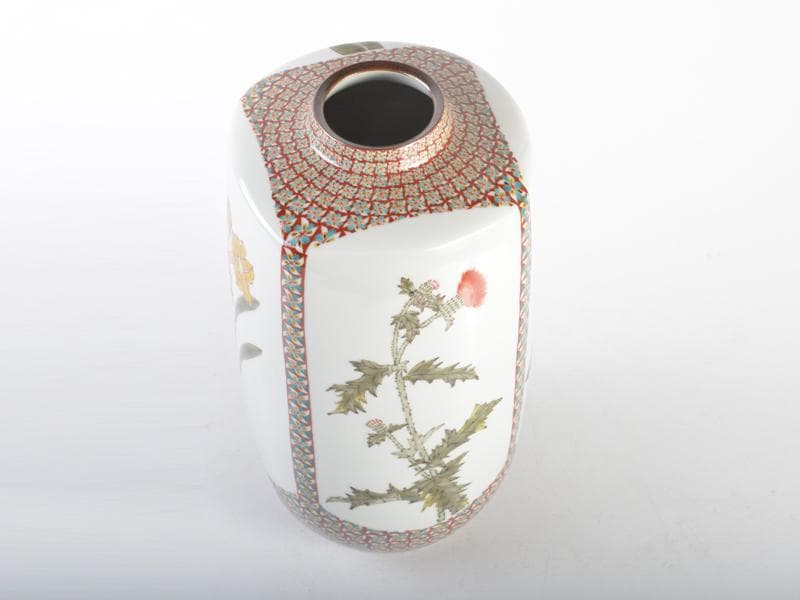 九谷焼　山田義明作　色絵　花図　花瓶　共箱　G R4611C