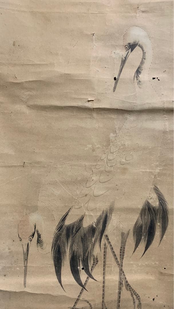 ⑦江戸時代？　雌雄双鶴之図　信香先生筆　古い水墨画　まくり　額入り可能