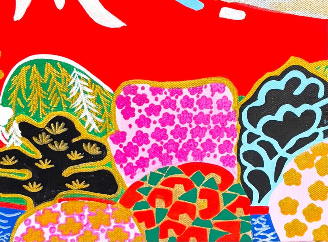 【F4号】手描き油彩　片岡球子 富士に献花　赤富士　額縁　未使用額　サイン
