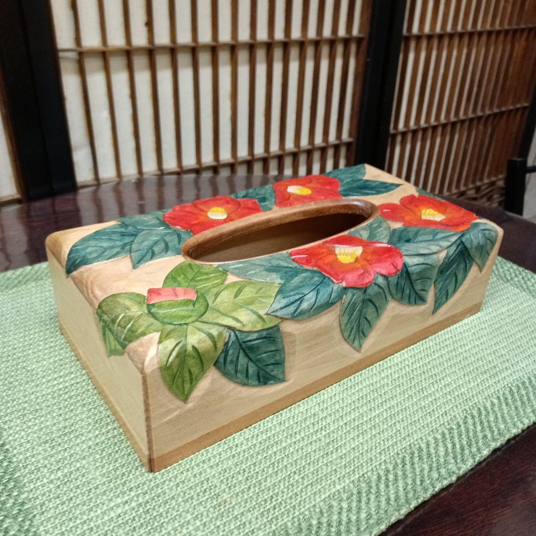 日光彫り 木製ティッシュボックス 赤椿最終価格
