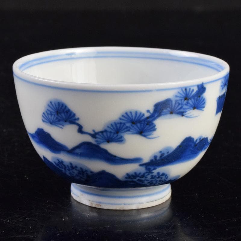 中国　青花　漢詩山水人物文　煎茶碗　時代箱付　V　R9489
