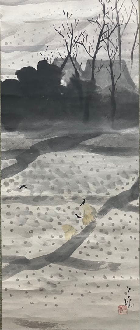 長野草風【田家の朝】紙本　掛軸　共箱（邨田丹陵・今村紫紅・安田靫彦・川合玉堂）