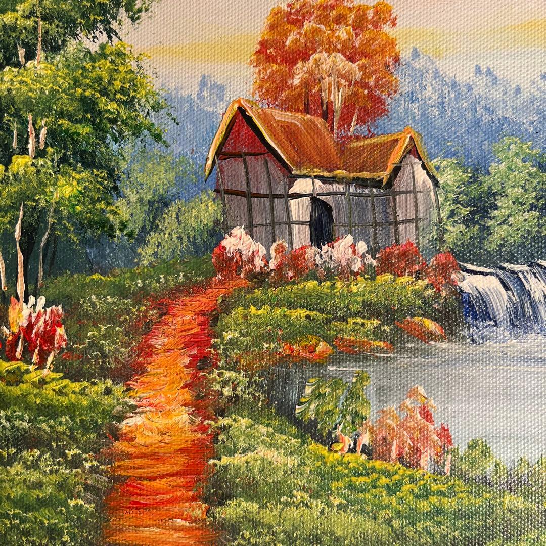 手書き油絵 山小屋に続く道 絵画 額付き インテリア 油彩画