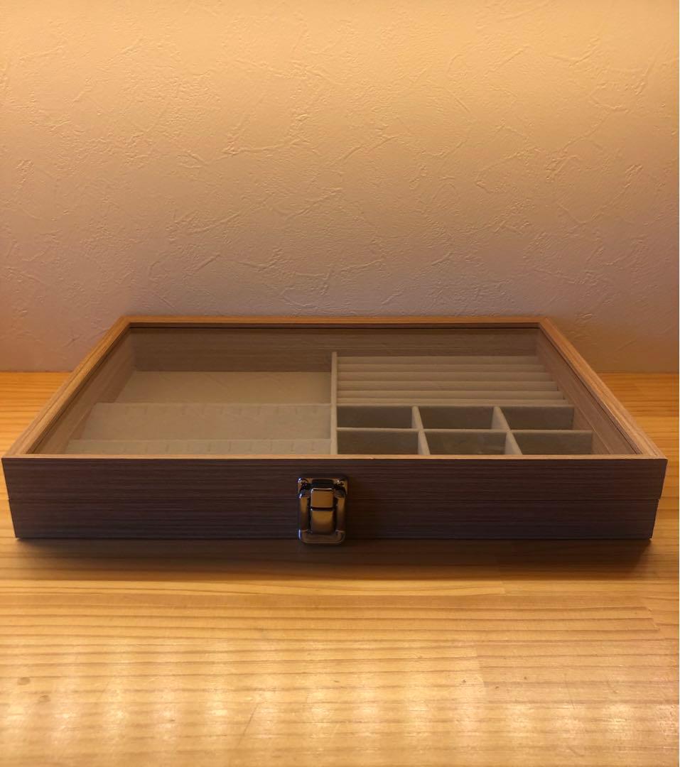 木製アクセサリーケース ガラス蓋付き　ウッドジュエリーボックス
