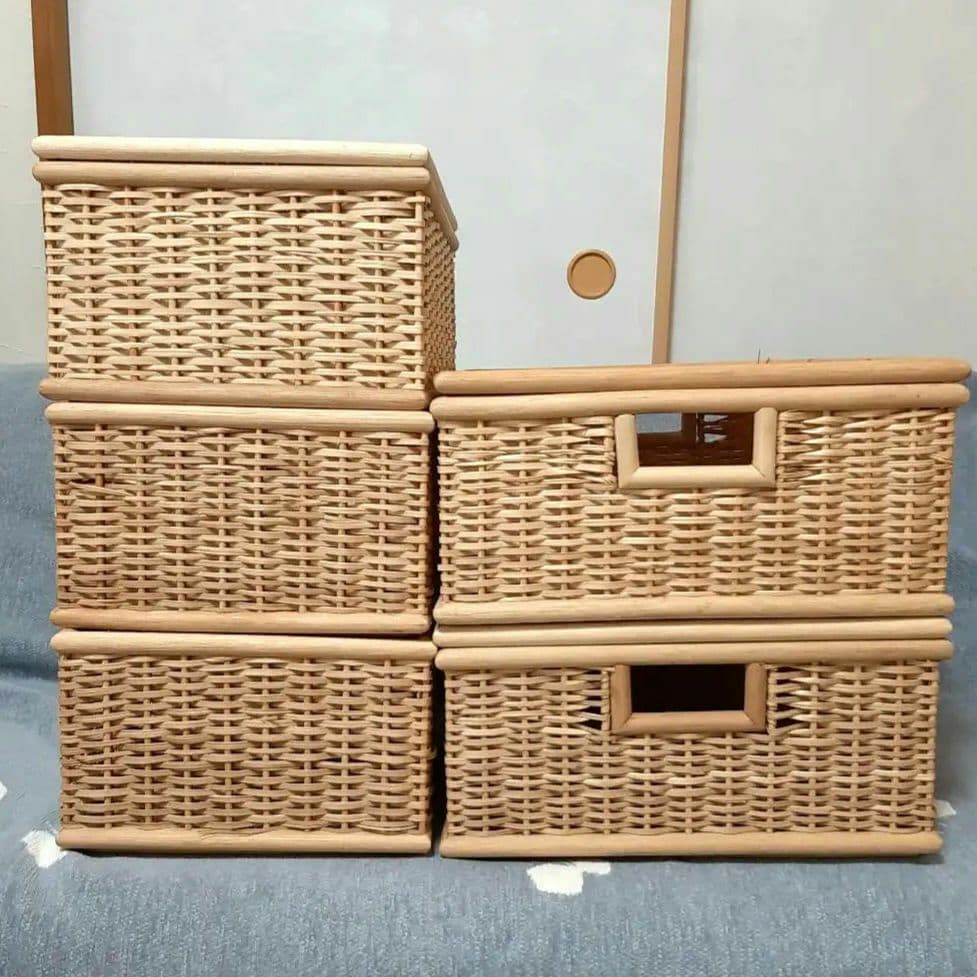 MUJI 無印良品 ブリ材 バスケット大✕２(ふた✕２)、小✕３(ふた✕１)