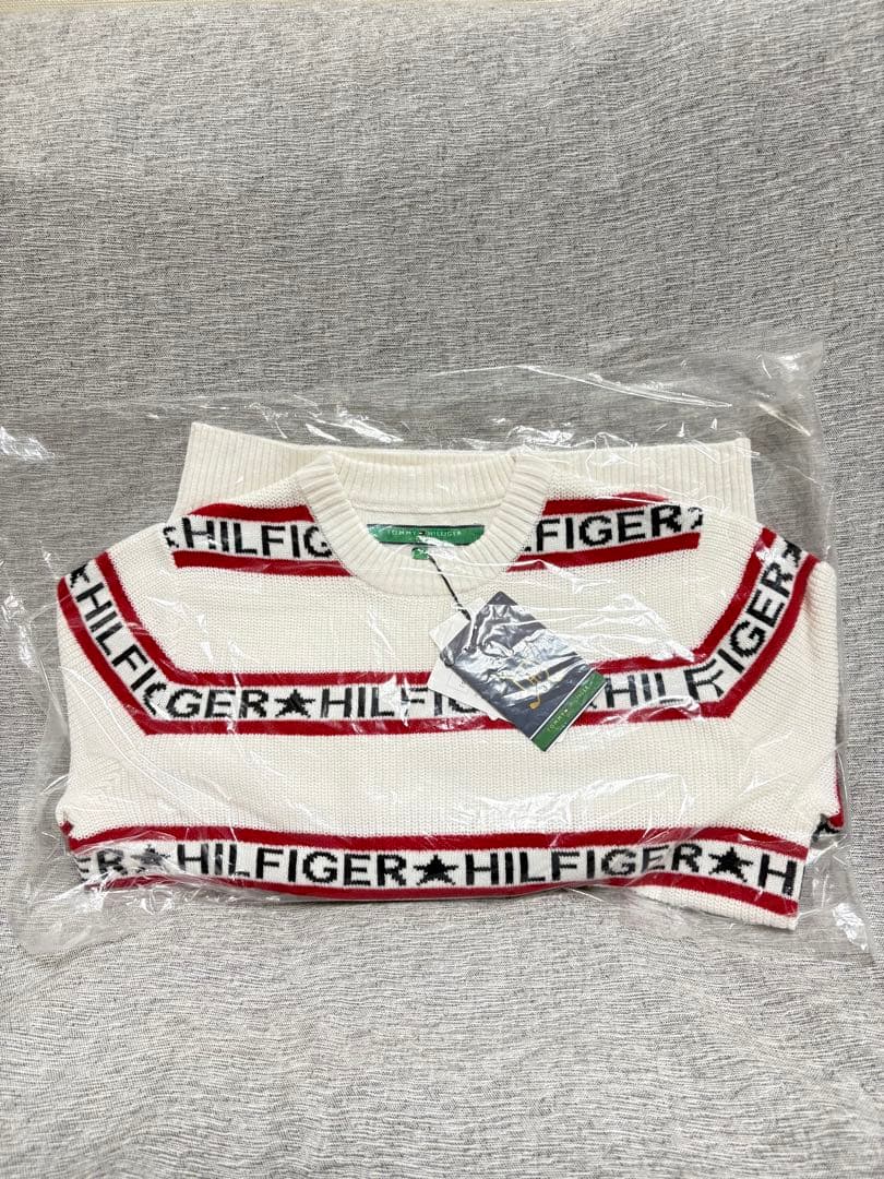 L ☆新品☆ トミーヒルフィガーゴルフ ロゴストライプ クルーセーター　白