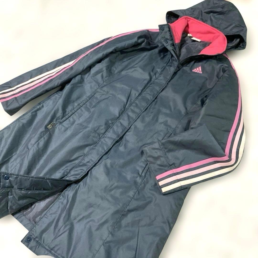 【人気】アディダス◆ 中綿入りベンチコート◆Mサイズ　 防寒着　ネイビーピンク