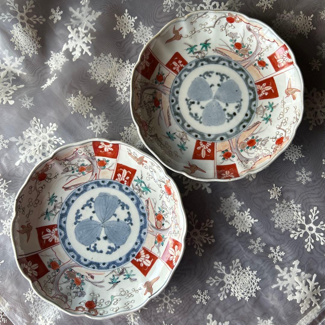 古伊万里　骨董　アンティーク　色絵赤絵梅竹千鳥文　7寸皿　2枚セット