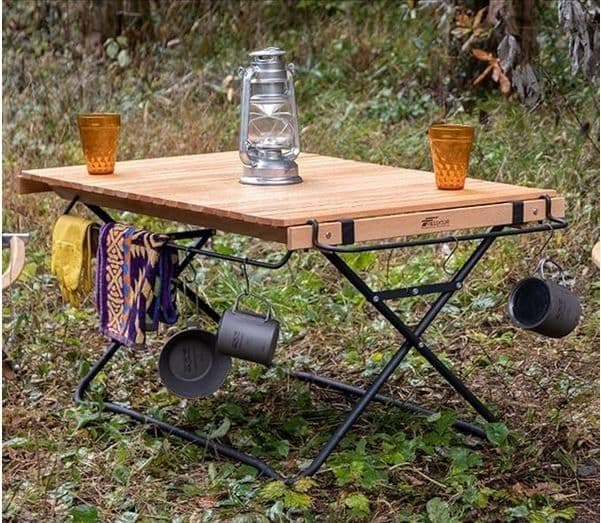 FIELDOOR 折りたたみテーブル 木製天板 アウトドア 90×60×45