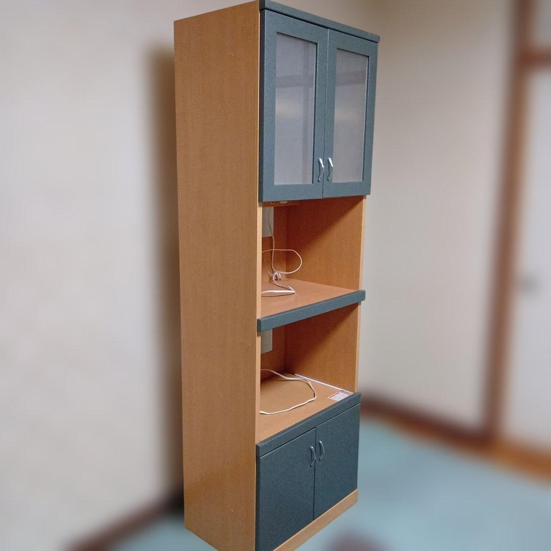 食器棚 グレーと木目調 ガラス扉付き　美品