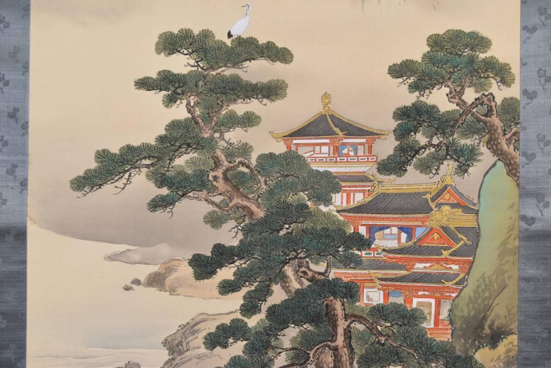 【真作】英仙/蓬莱山楼閣図/掛軸/名家伝来/AA-699