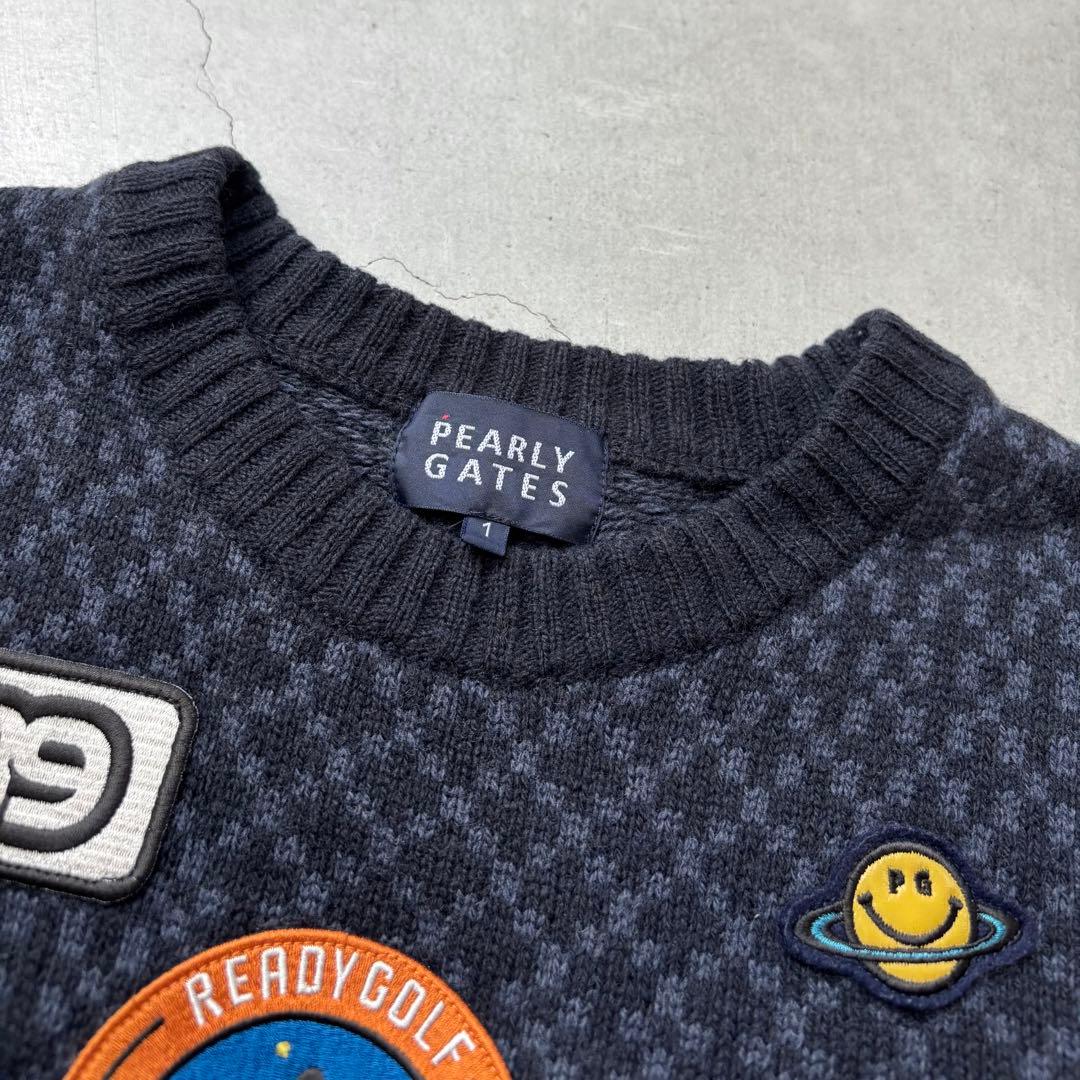 【美品】PEARLY GATES ウール混ニットセーター 宇宙 ワッペン ロゴ