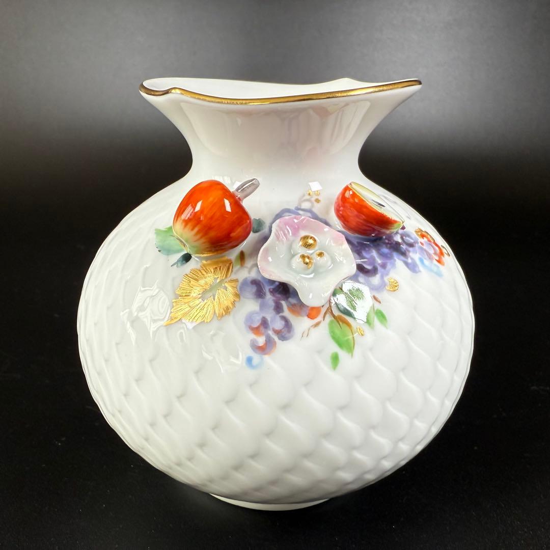新品 マイセン 波の戯れ フルーツ 林檎 葡萄 貼花 花瓶１点(共箱付)、1級品