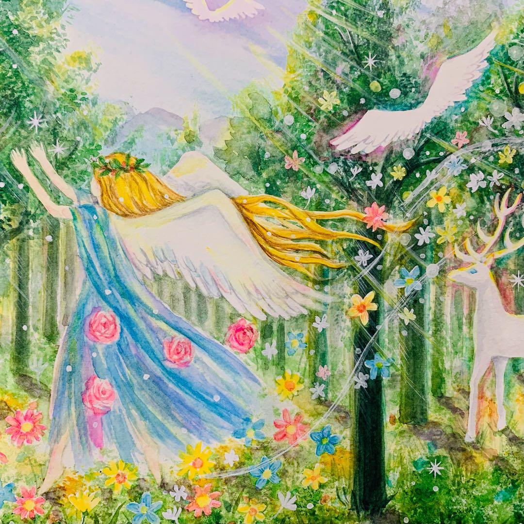 【森の音色に誘われて】絵画 ,原画,天使,森,緑,angel,樹木,光,白鹿,鳥
