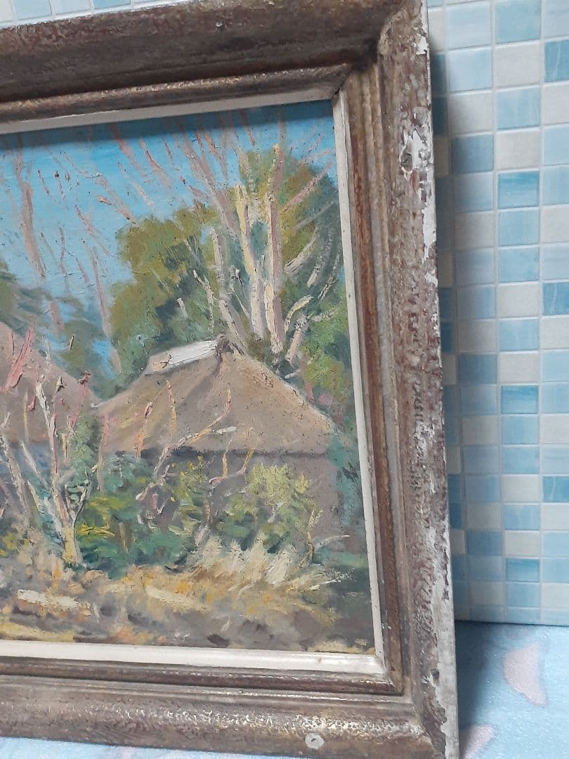 古い絵画 石井三郎作「厳冬好晴」油彩画 F6号 古民家 景色