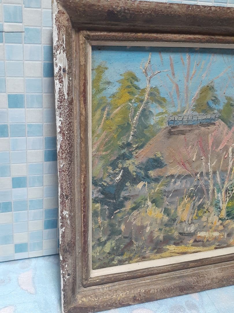 古い絵画 石井三郎作「厳冬好晴」油彩画 F6号 古民家 景色
