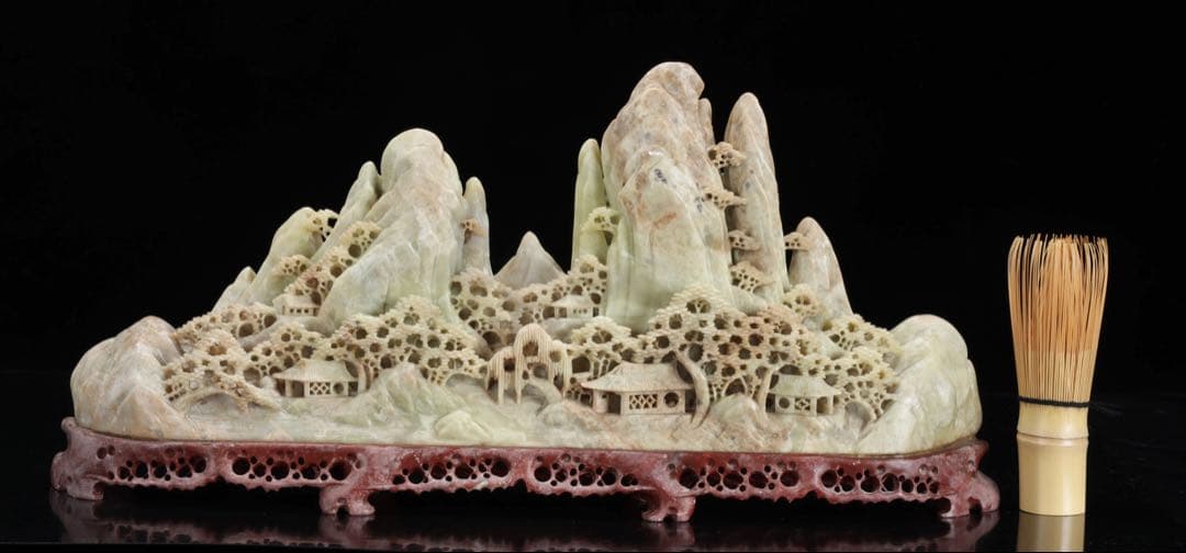 中国古美術 天然玉石 楼閣山水彫刻 置物 大型41cm 重量4kg 石彫刻 唐物