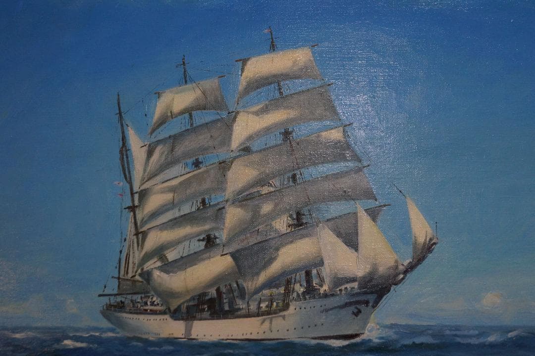 額装入1981年油彩画 大型油絵『順風満帆』F20肉筆 海洋風景画 作者サイン入
