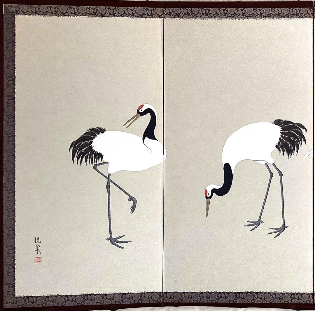 壁掛け屏風　日本画　紙本彩色　『五羽鶴』