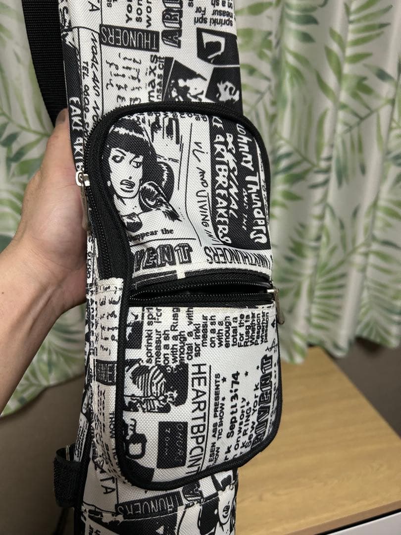 キャディバッグ 白黒新聞プリント　スタンド付き