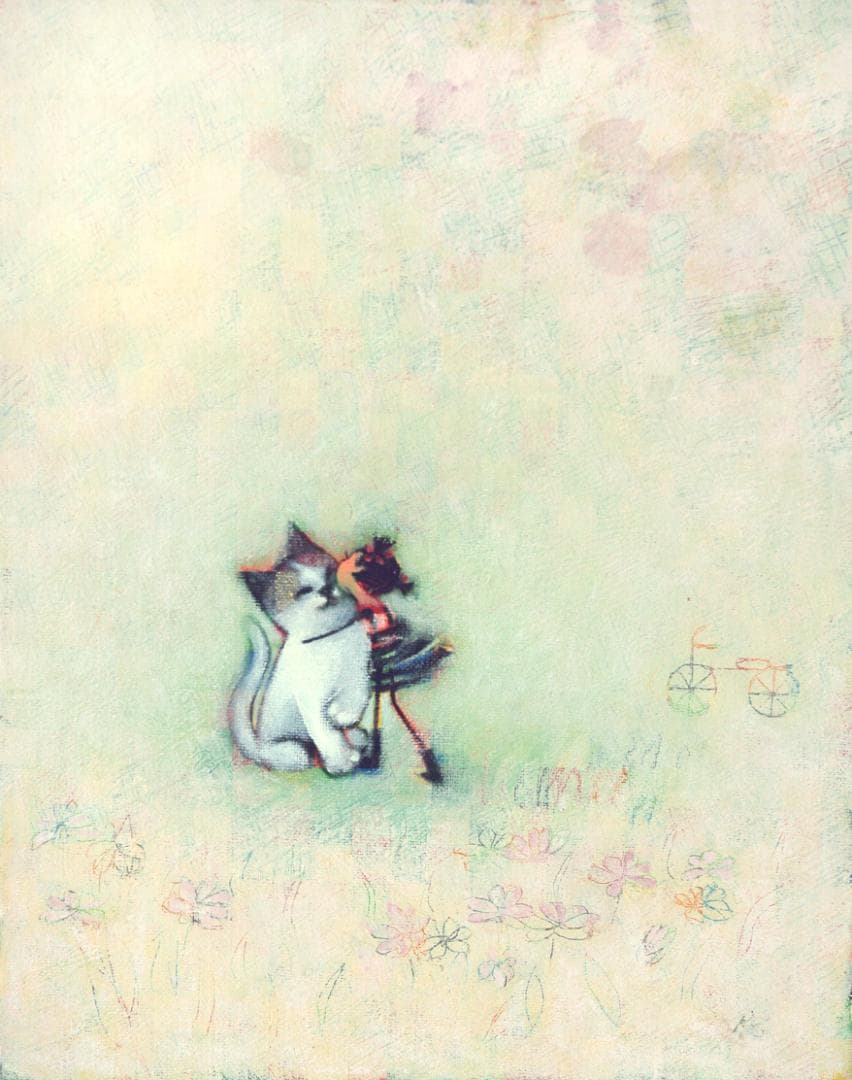 油絵菅家令子絵 絵画インテリア額付(青緑＋金色の枠)F3-051621子猫女の子