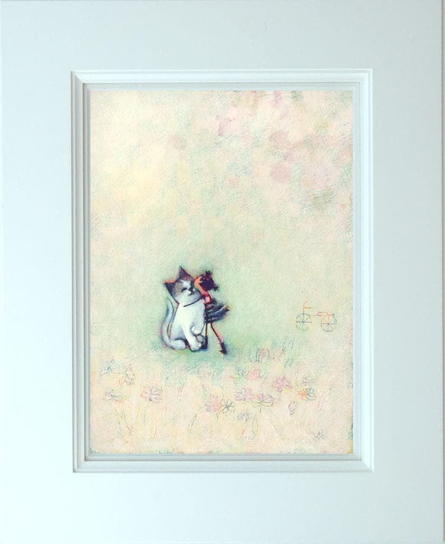 油絵菅家令子絵 絵画インテリア額付(青緑＋金色の枠)F3-051621子猫女の子