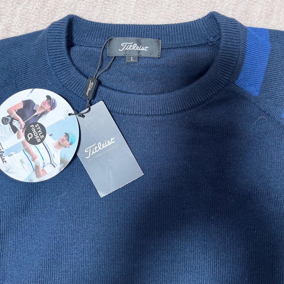 新品Titleist ネイビー ストライプ クルーネックニット Ｌゴルフ