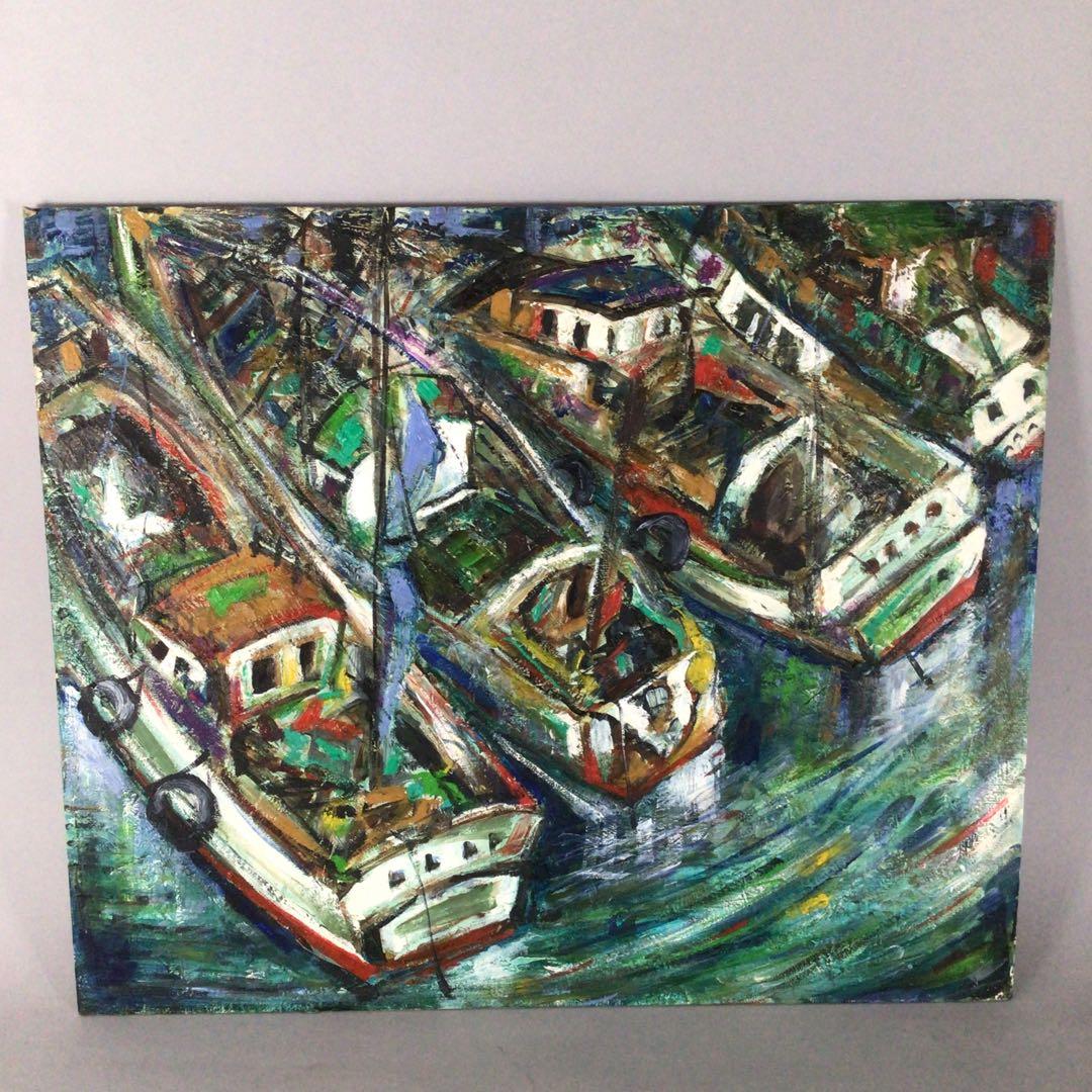 No3652 額装　作者不詳　油彩画　港図　F8 紙箱付　洋画　風景画　送料無料
