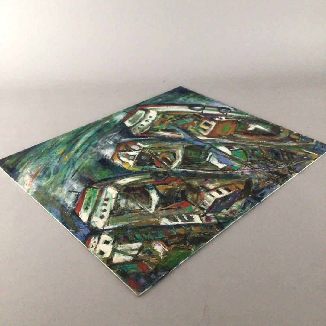 No3652 額装　作者不詳　油彩画　港図　F8 紙箱付　洋画　風景画　送料無料