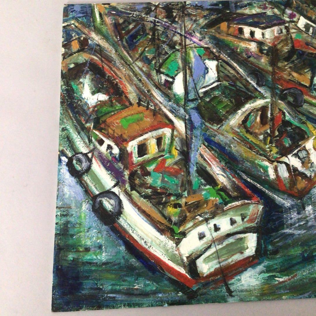 No3652 額装　作者不詳　油彩画　港図　F8 紙箱付　洋画　風景画　送料無料