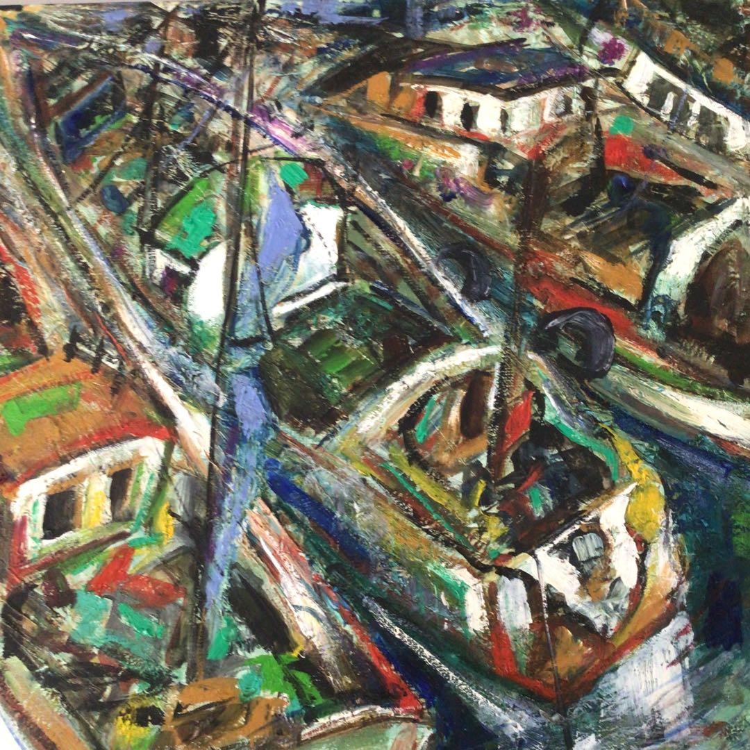 No3652 額装　作者不詳　油彩画　港図　F8 紙箱付　洋画　風景画　送料無料