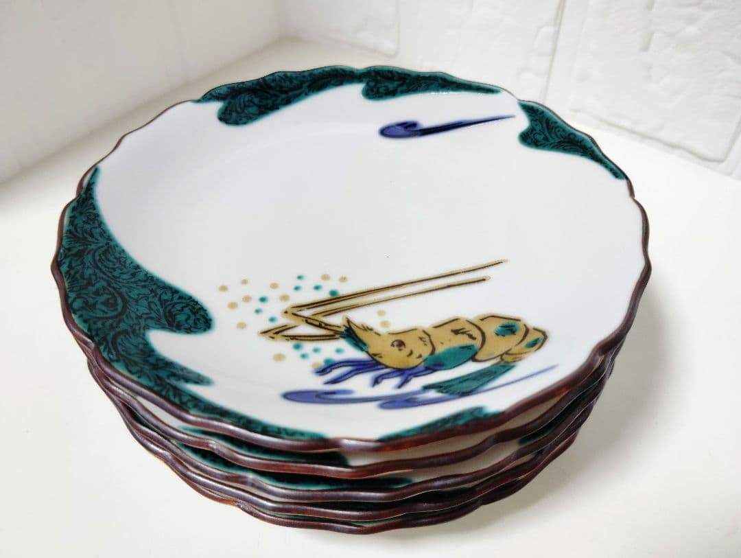 九谷焼　極美品　作家物　松浦慎弥　絵変わり　輪花　小皿　5枚