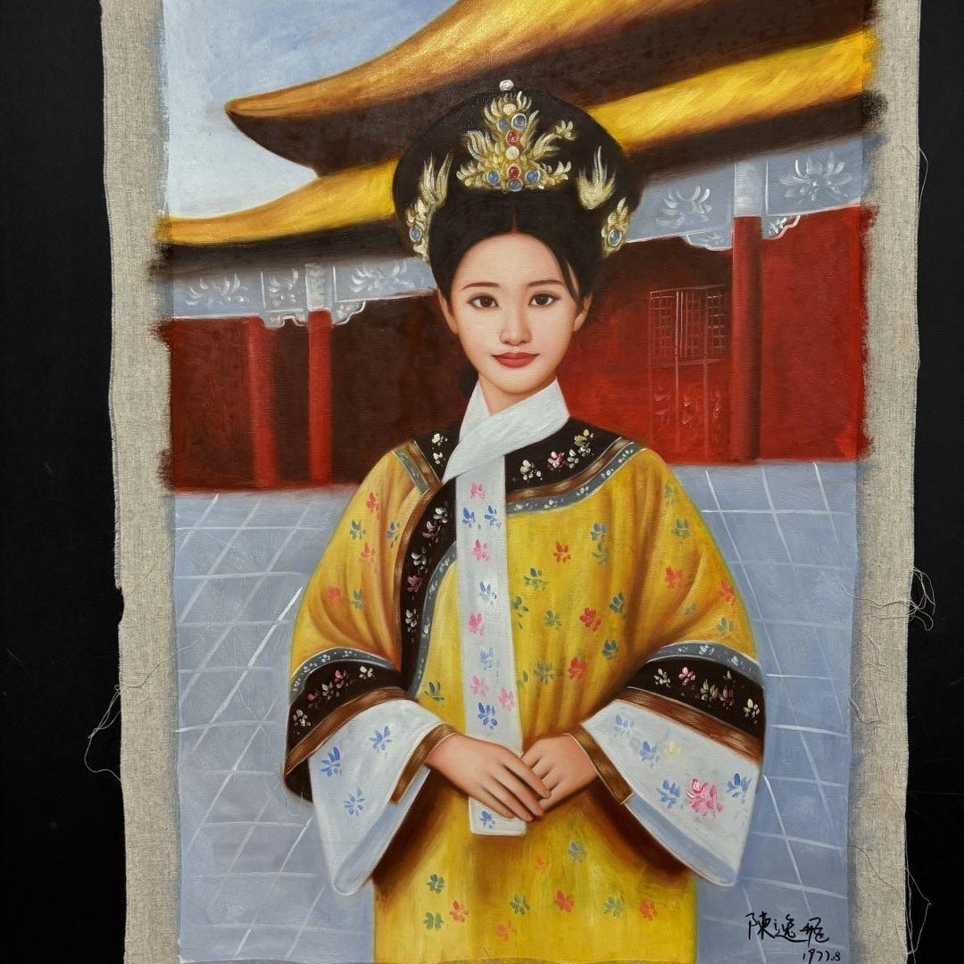 手描き 水彩油画 人物画 陳逸飛 作品図 中国絵画 約70×100cm 未表装