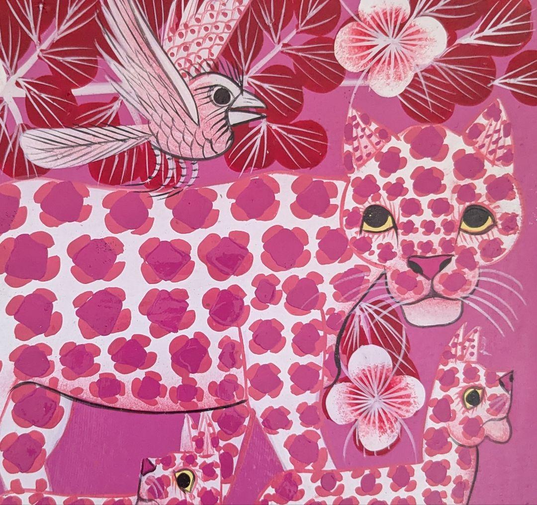 ●アフリカの絵画、ティンガティンガ、レオパード、ピンク、20×20cm