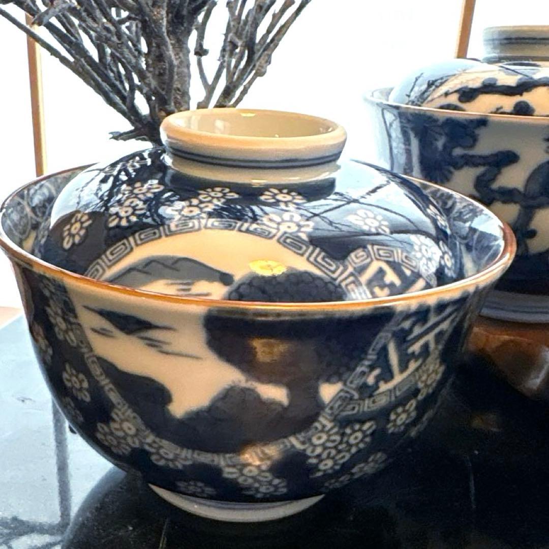 賞美堂　其泉窯　古伊万里染付・蓋付き丼ぶり揃　5客