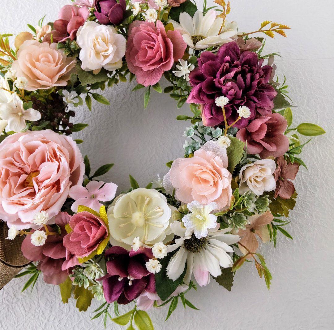 オールドローズとダリアのお花のリース  フラワーリース  リース  造花