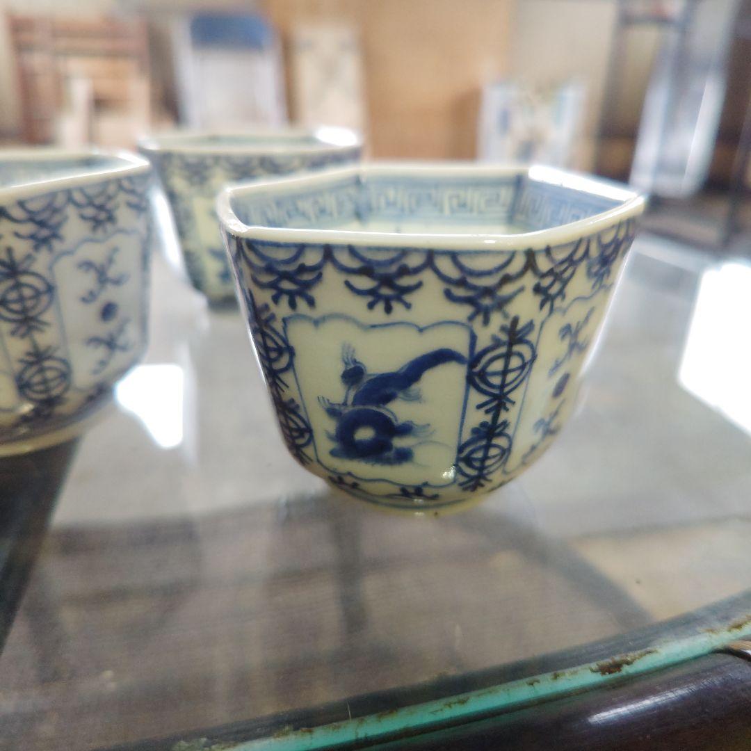 江戸古伊万里！青い花模様 六角形陶器 5個セット