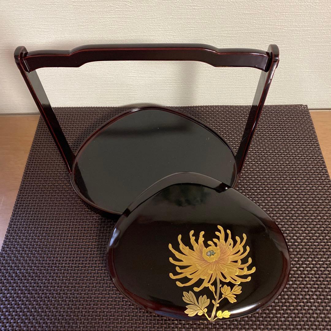 最終お値下げ❗️漆器　はまぐり型三段重　弁当箱　手提げ　菊金蒔絵　少し訳あり