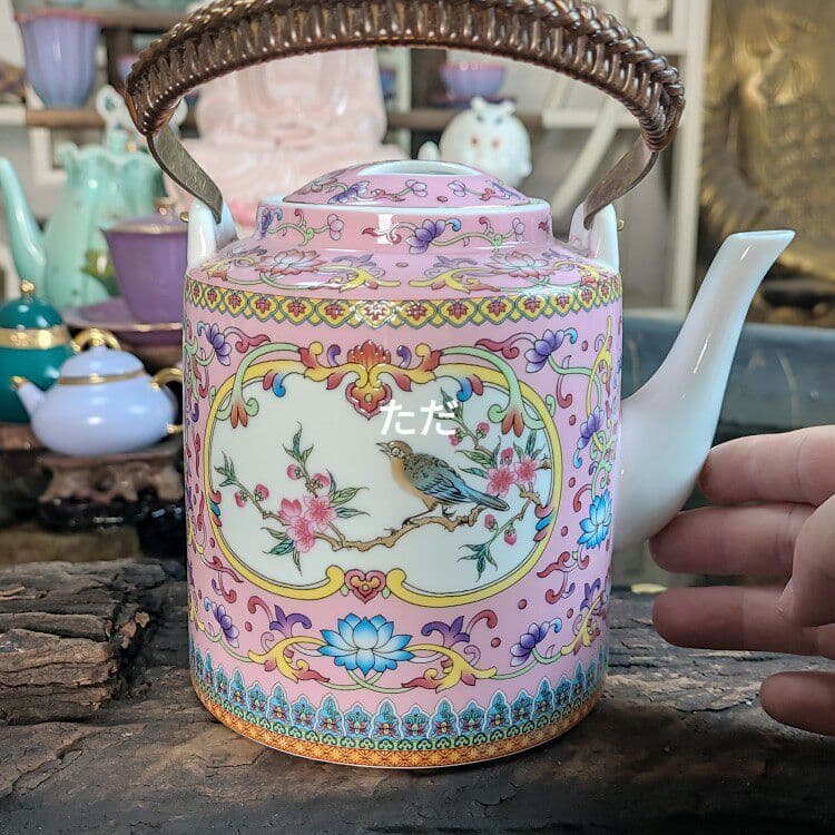 中国茶器 ピンク琺瑯彩かささぎ牡丹提梁壺 煎茶器 茶壺 茶道具 新商品未使用