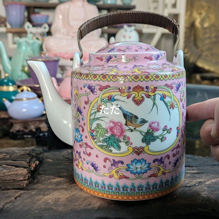 中国茶器 ピンク琺瑯彩かささぎ牡丹提梁壺 煎茶器 茶壺 茶道具 新商品未使用
