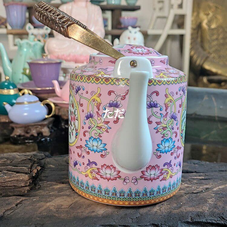 中国茶器 ピンク琺瑯彩かささぎ牡丹提梁壺 煎茶器 茶壺 茶道具 新商品未使用