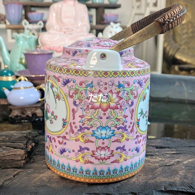 中国茶器 ピンク琺瑯彩かささぎ牡丹提梁壺 煎茶器 茶壺 茶道具 新商品未使用
