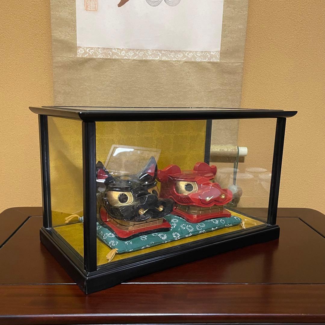 酒田獅子頭 置物 雄雌黒赤一対 伝統工芸品 和風インテリア