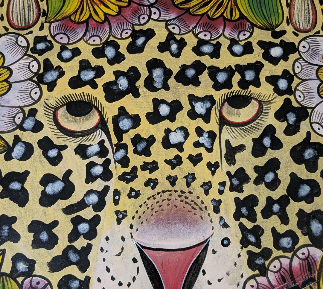 ●アフリカの絵画、ティンガティンガ、茂みに潜むレオパード、70×70cm
