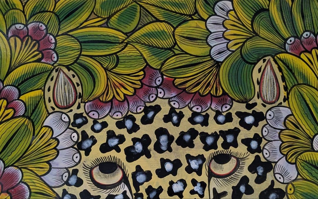 ●アフリカの絵画、ティンガティンガ、茂みに潜むレオパード、70×70cm