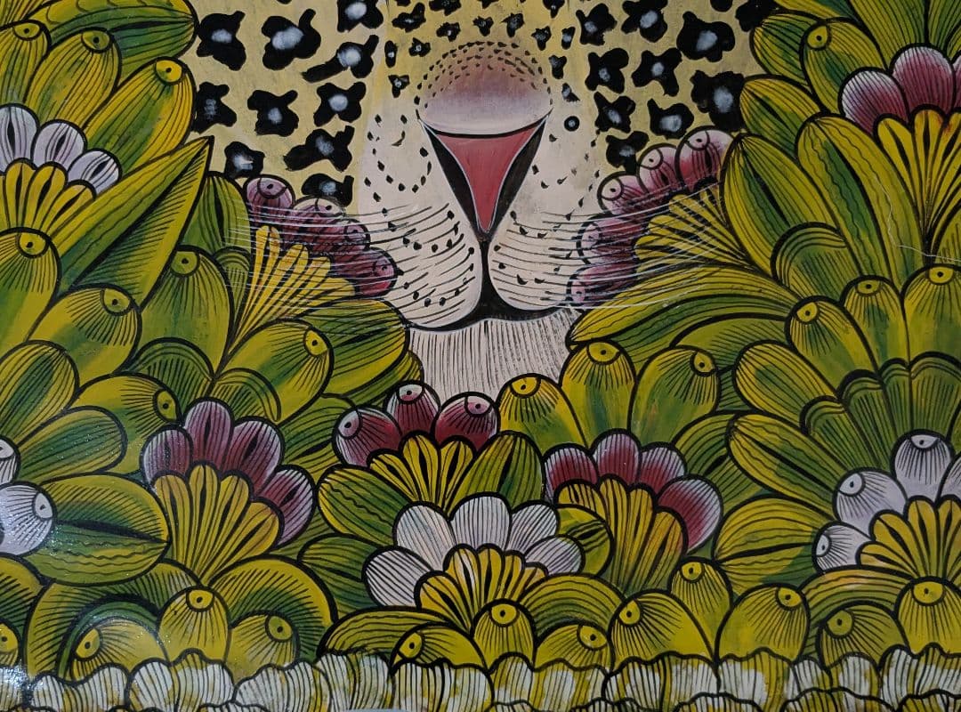 ●アフリカの絵画、ティンガティンガ、茂みに潜むレオパード、70×70cm